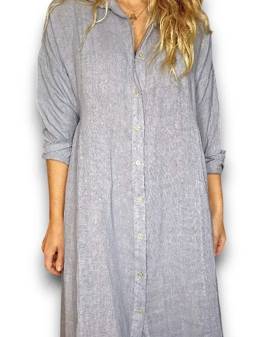 MAXI BUTTON SHIRT DRESS LINEN PETROL