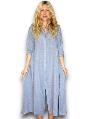 MAXI BUTTON SHIRT DRESS LINEN PETROL