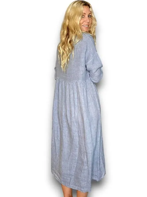 MAXI BUTTON SHIRT DRESS LINEN PETROL