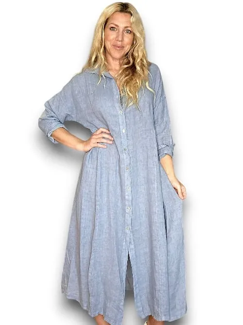 MAXI BUTTON SHIRT DRESS LINEN PETROL