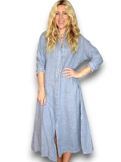 MAXI BUTTON SHIRT DRESS LINEN PETROL
