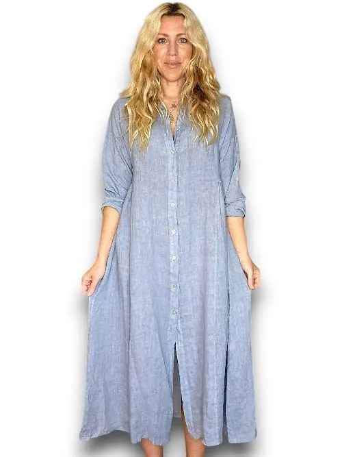 MAXI BUTTON SHIRT DRESS LINEN PETROL