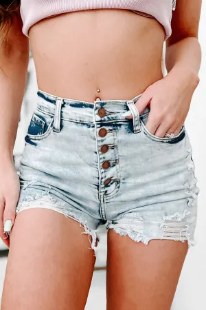 Maxwell High Rise Button-Fly Distressed Denim Shorts (Light Stone)