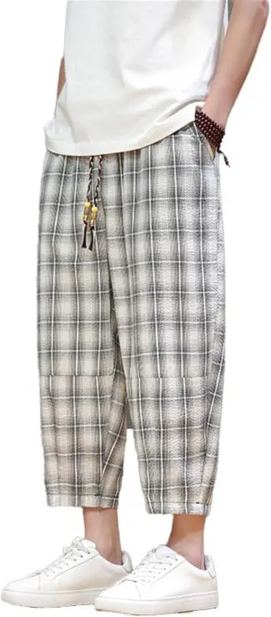 Men's Pants Summer Plaid Harem Shorts Chinese Style Casual Wide Leg Beach Elastic Waist Trouser