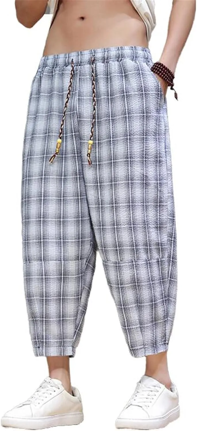 Men's Pants Summer Plaid Harem Shorts Chinese Style Casual Wide Leg Beach Elastic Waist Trouser