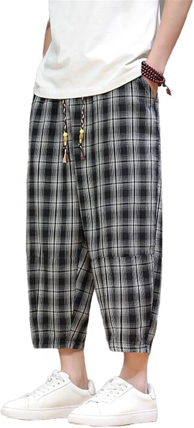 Men's Pants Summer Plaid Harem Shorts Chinese Style Casual Wide Leg Beach Elastic Waist Trouser