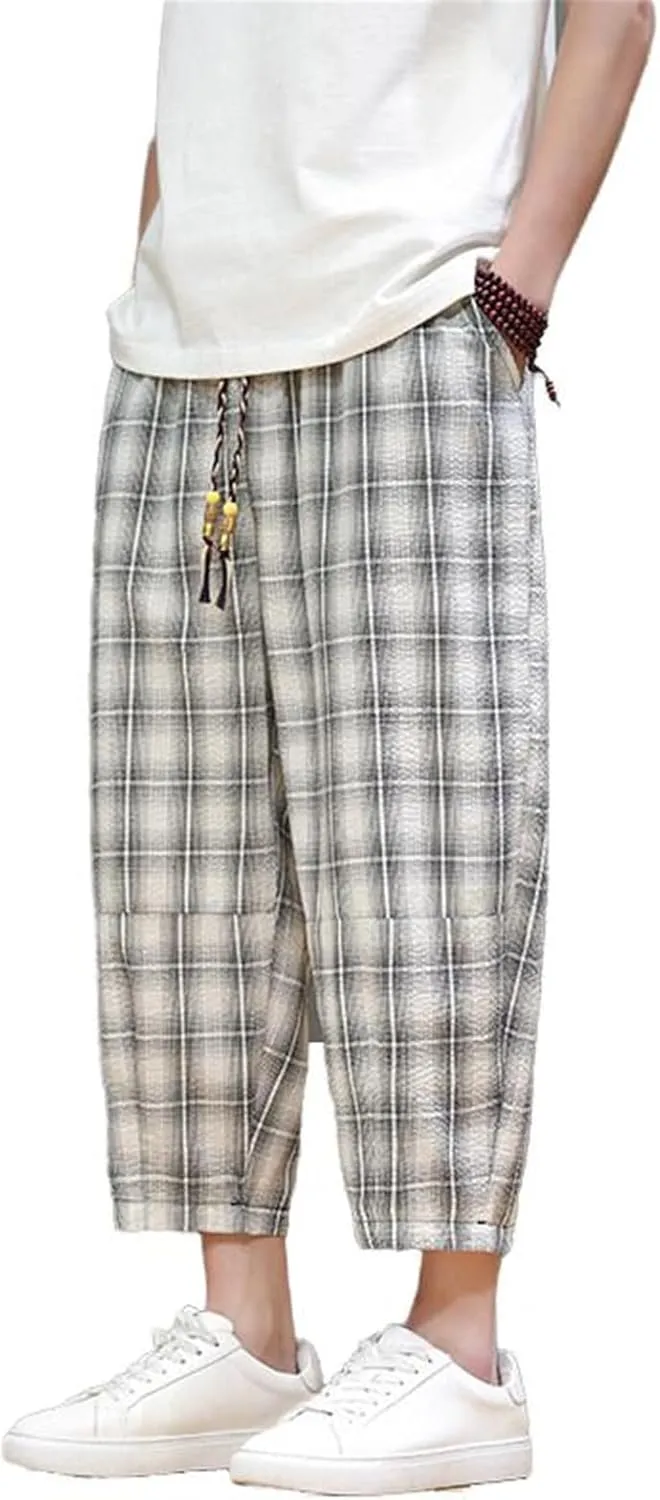 Men's Pants Summer Plaid Harem Shorts Chinese Style Casual Wide Leg Beach Elastic Waist Trouser