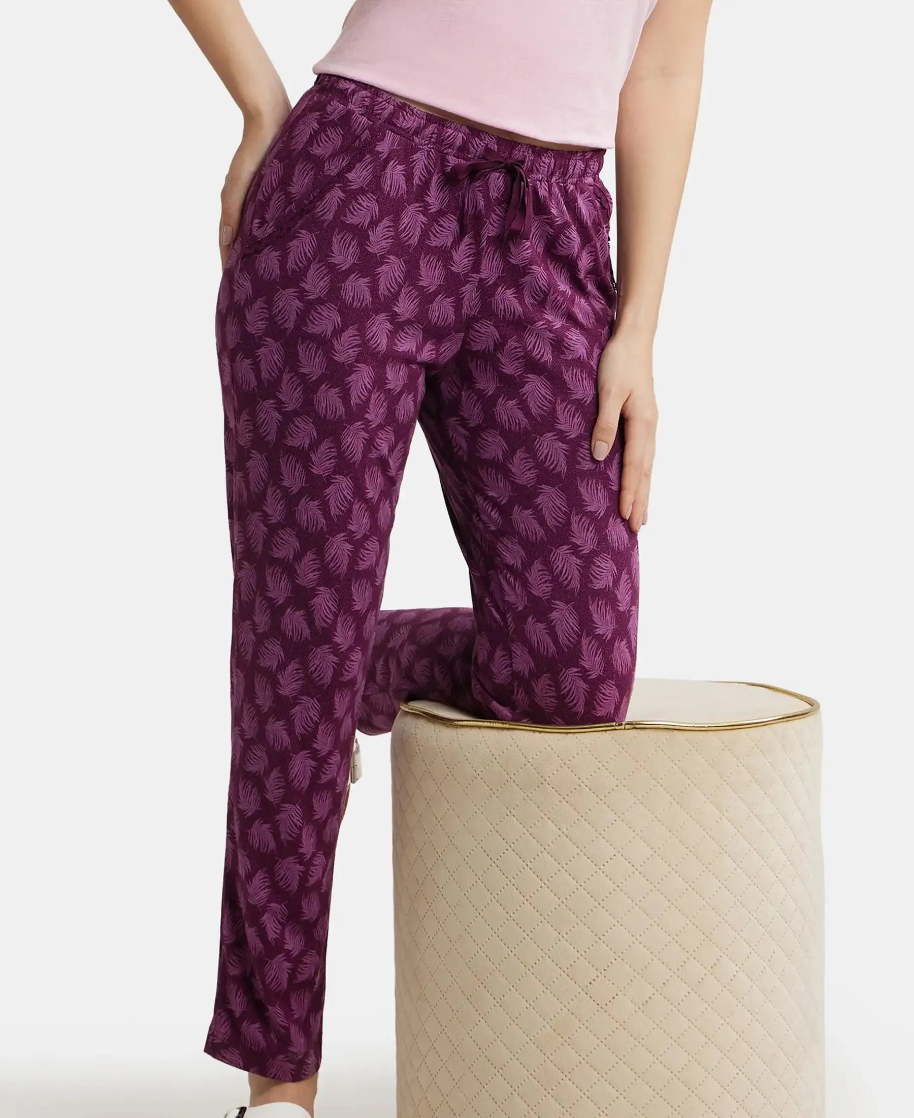 Micro Modal Cotton Relaxed Fit Printed Pyjama with Side Pockets - Purple Wine Assorted Prints