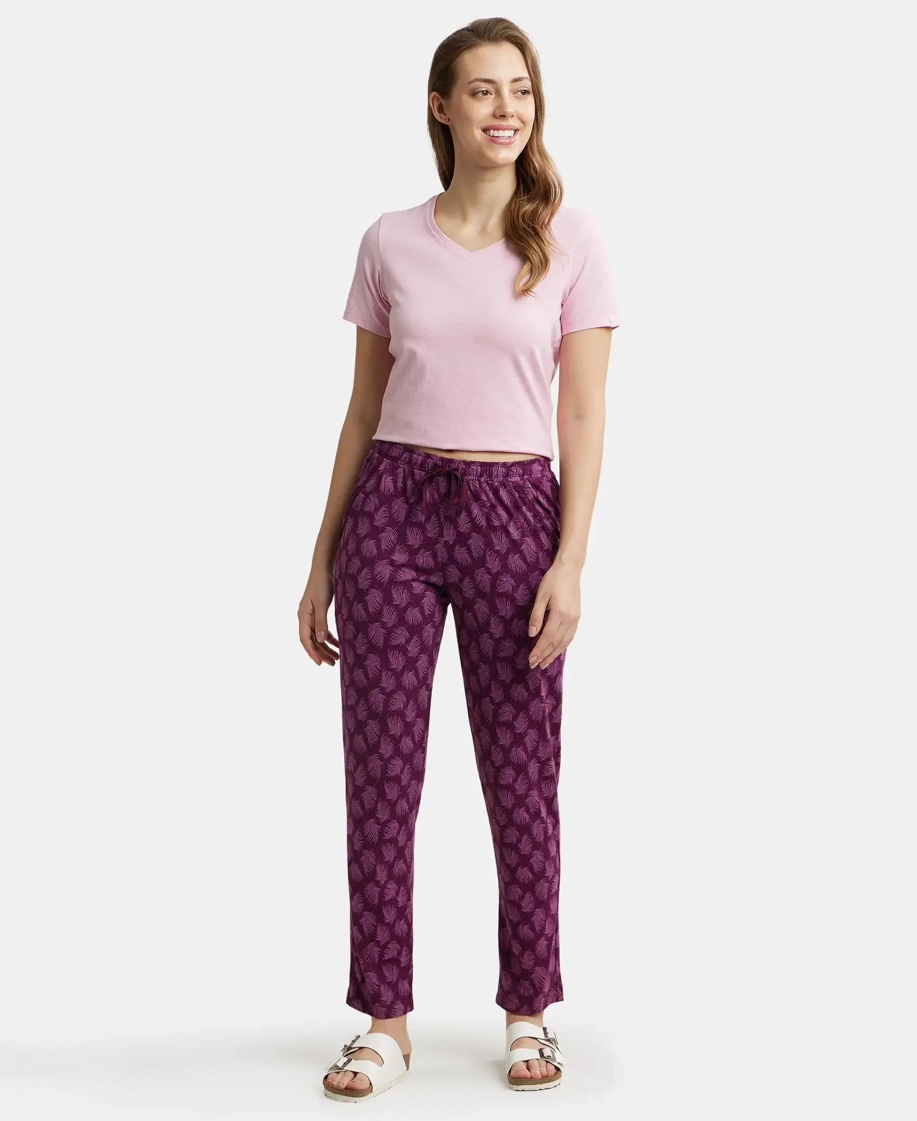 Micro Modal Cotton Relaxed Fit Printed Pyjama with Side Pockets - Purple Wine Assorted Prints