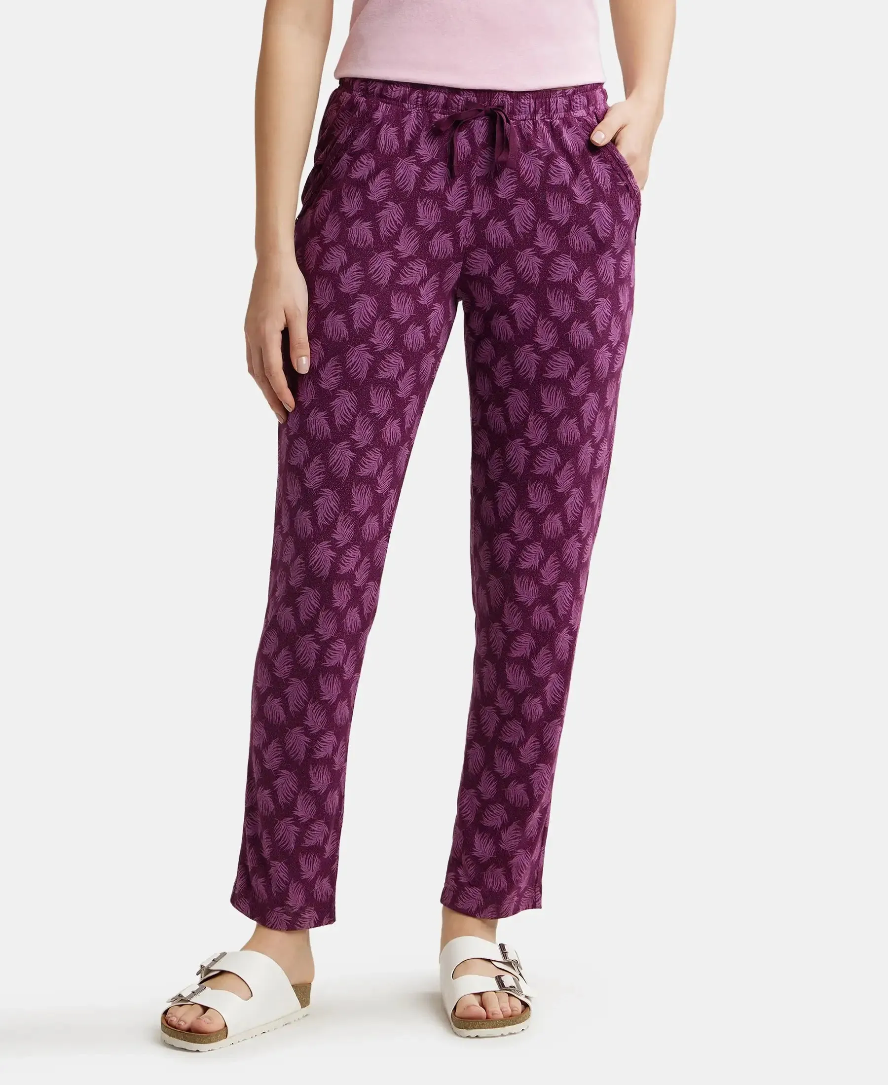 Micro Modal Cotton Relaxed Fit Printed Pyjama with Side Pockets - Purple Wine Assorted Prints