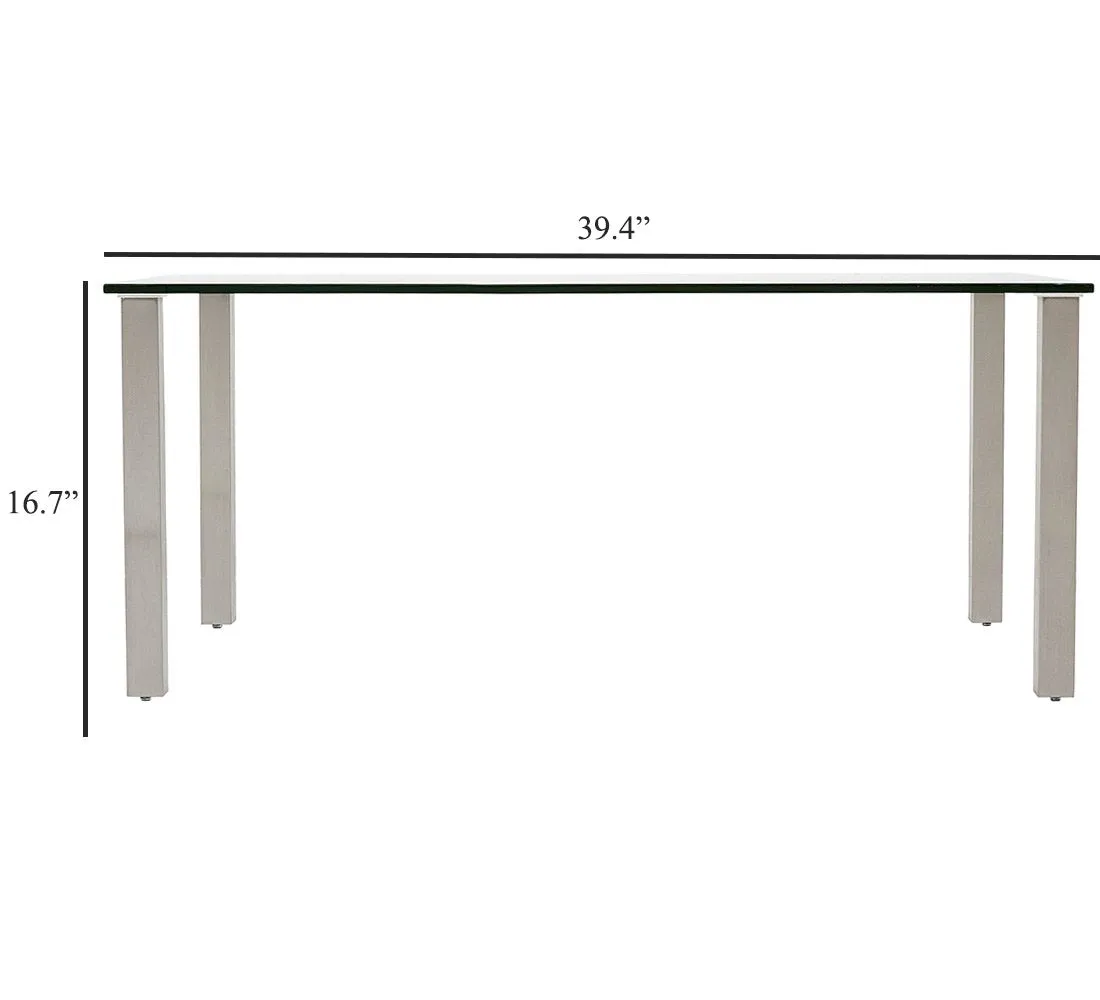 Modern Glass Coffee Table | Stainless Brushed Metal Leg Clear Glass Top Designer Tables Squared Legs