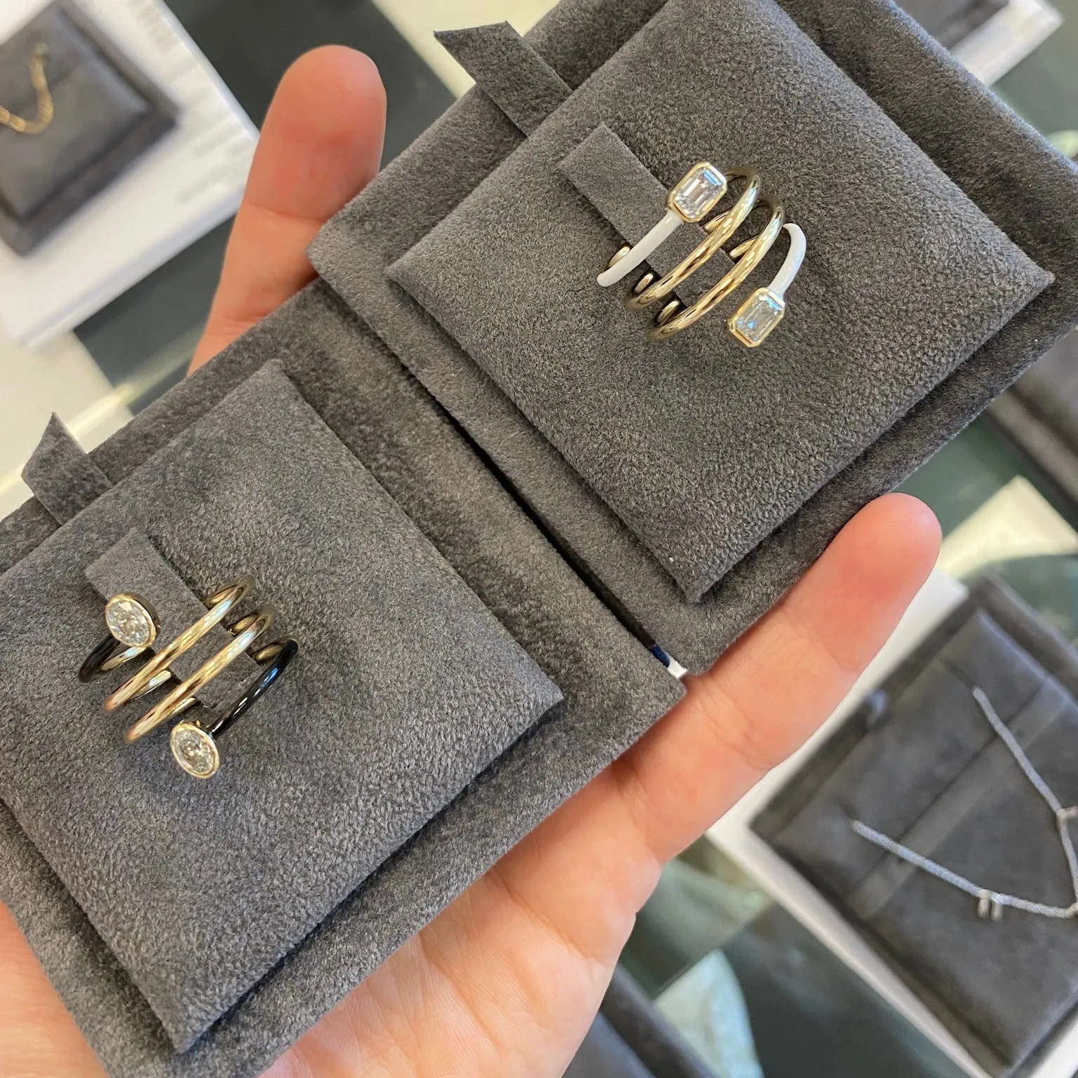 Multishape Diamond Bezels Statement Enamel Spiral Ring