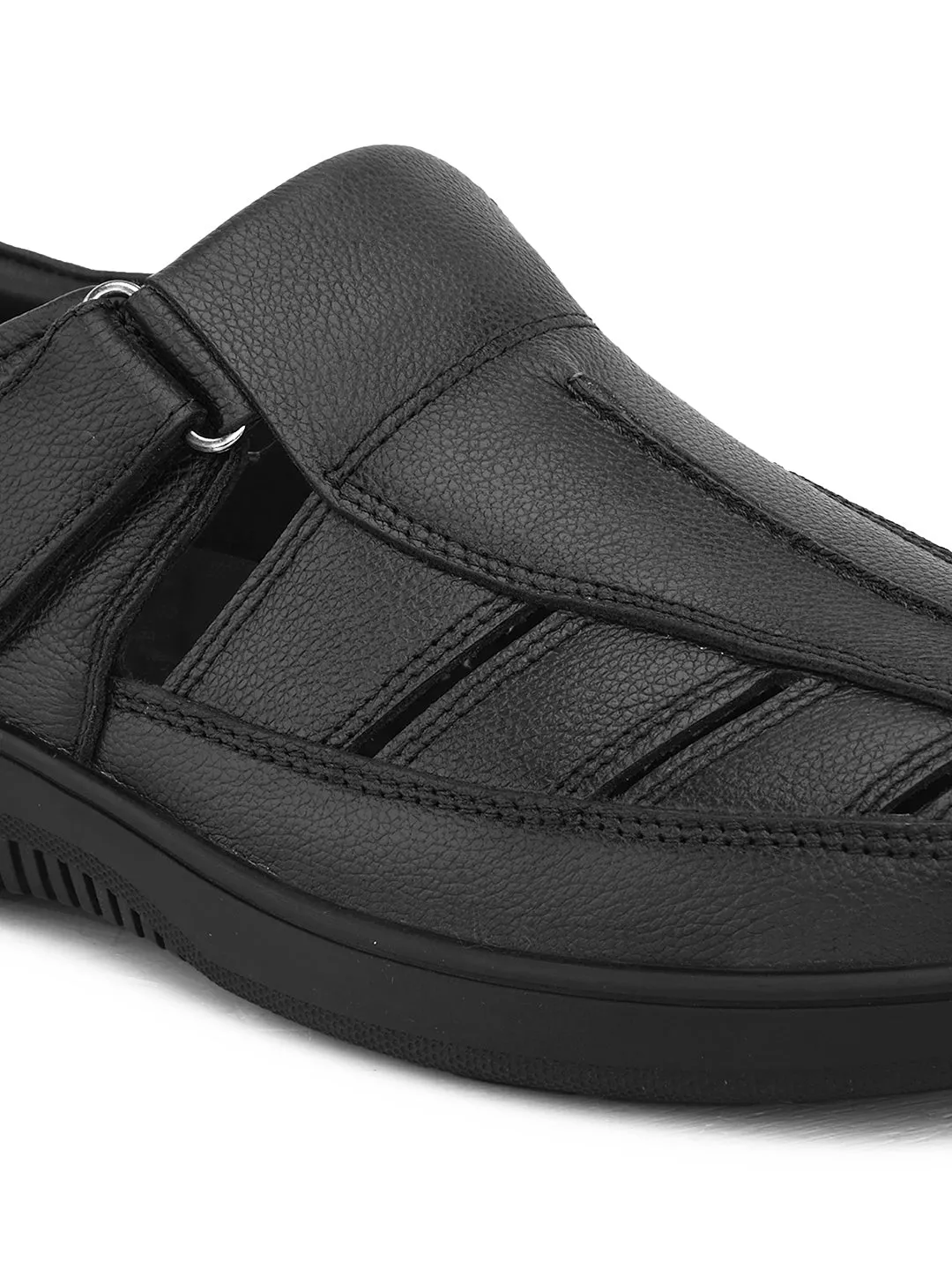 Pelle Albero Men's Latest Trendy Black Leather Slip-On Flats Comfortable Sandals