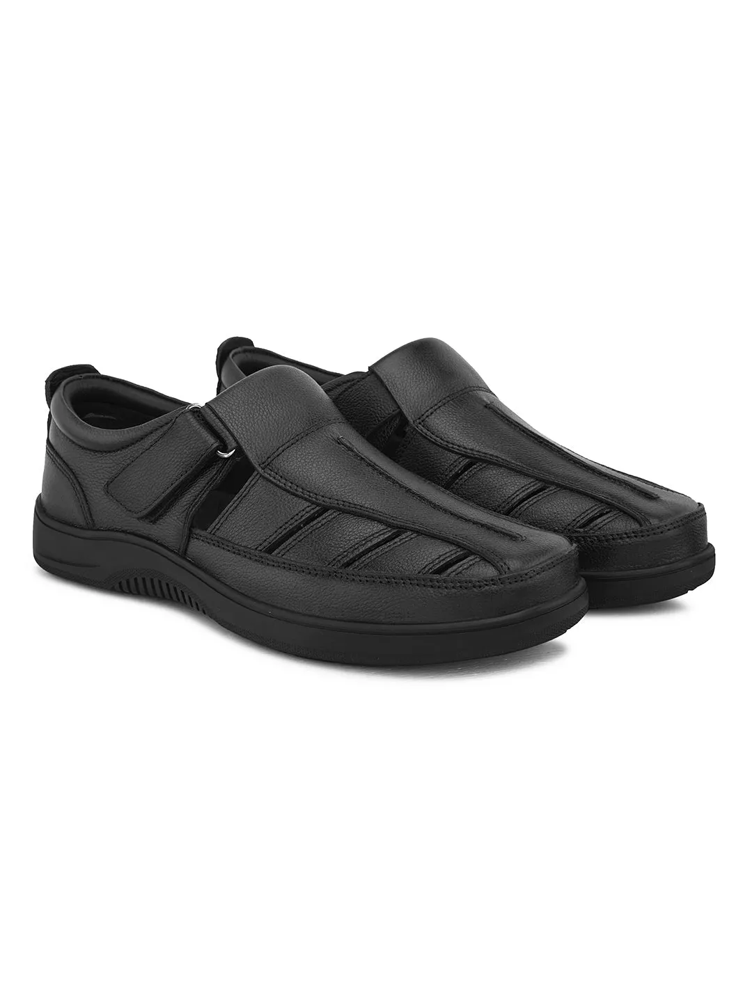 Pelle Albero Men's Latest Trendy Black Leather Slip-On Flats Comfortable Sandals