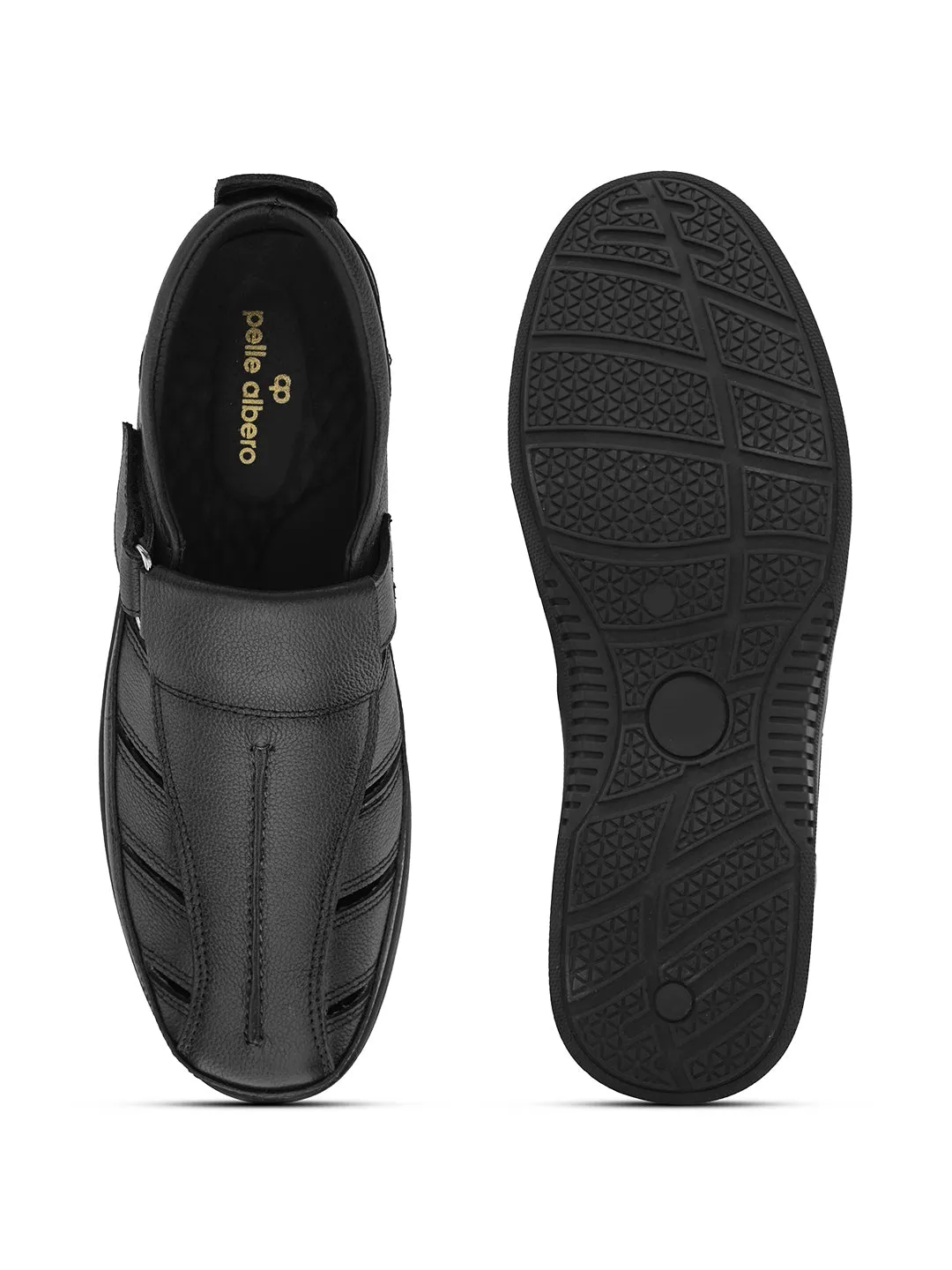 Pelle Albero Men's Latest Trendy Black Leather Slip-On Flats Comfortable Sandals