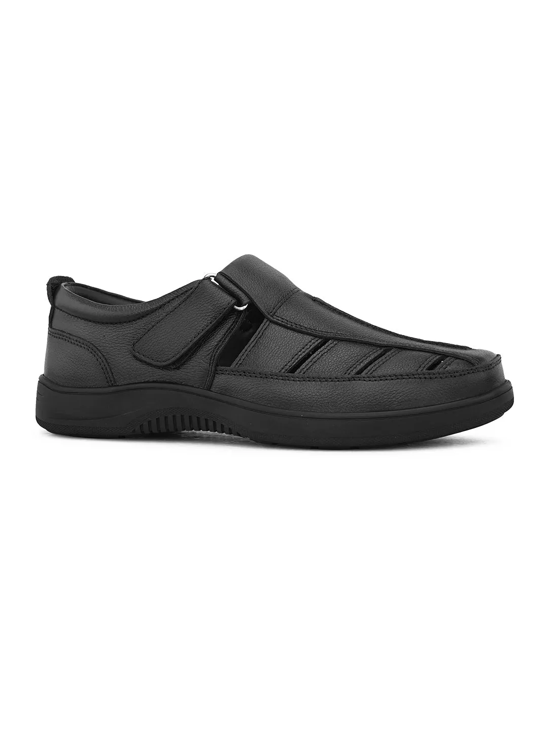 Pelle Albero Men's Latest Trendy Black Leather Slip-On Flats Comfortable Sandals