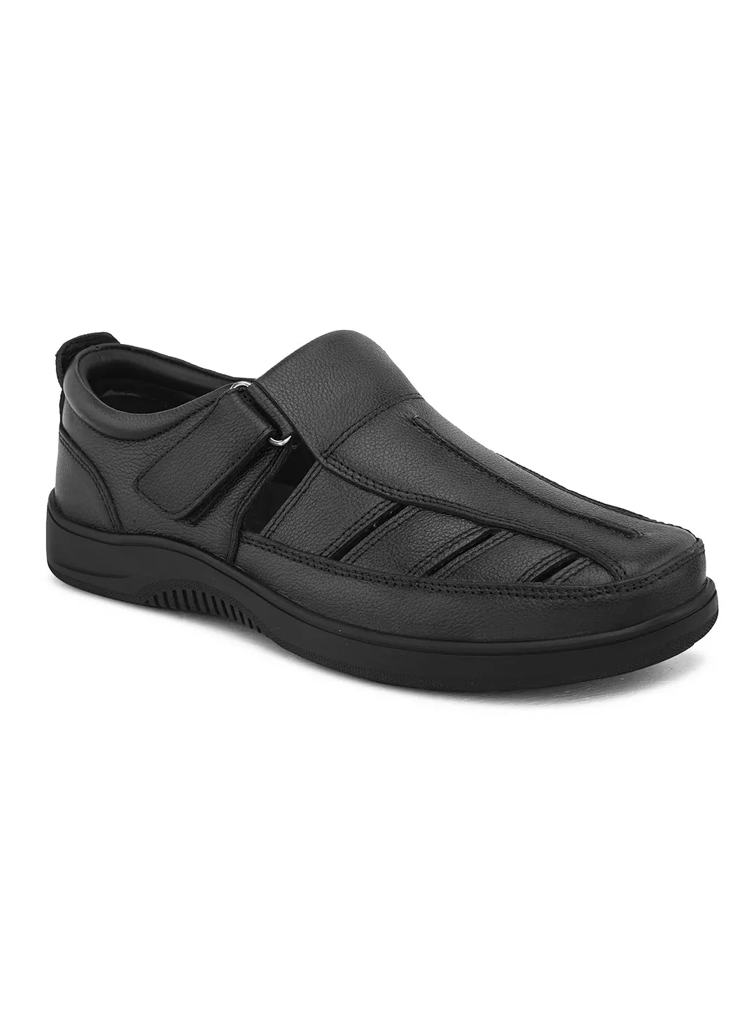 Pelle Albero Men's Latest Trendy Black Leather Slip-On Flats Comfortable Sandals