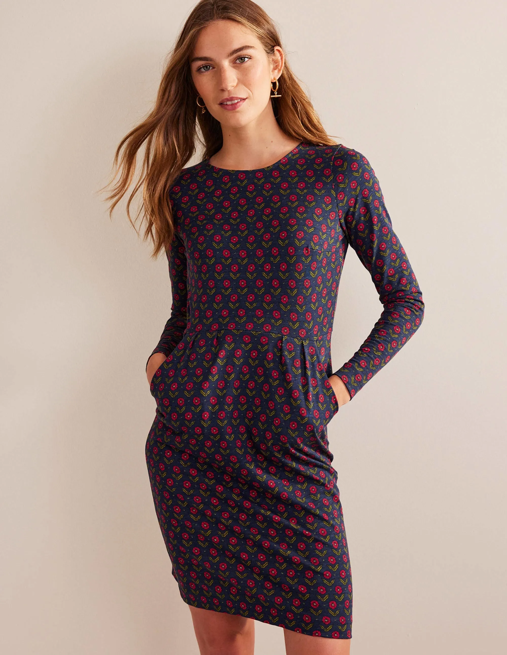 Penelope Jersey Dress-Navy, Daisy Foliage