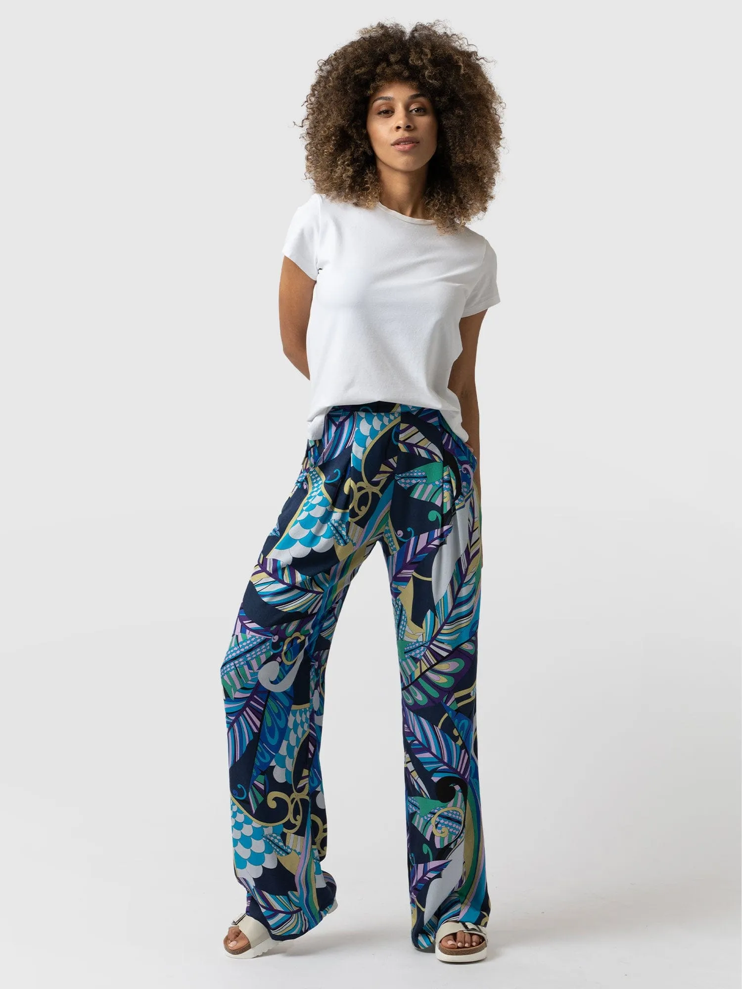 Rowan Wide Leg Pant - Blue Palm