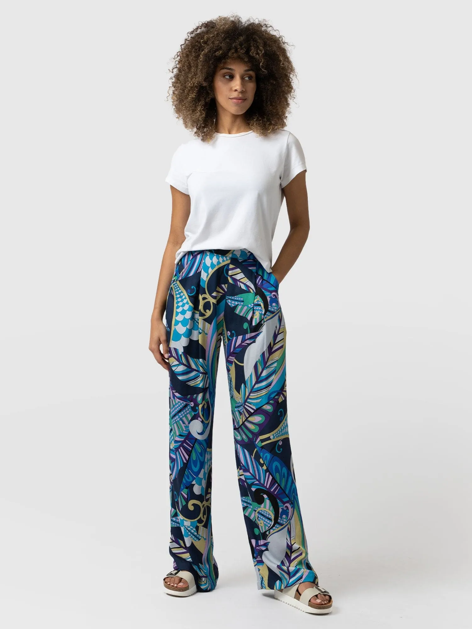 Rowan Wide Leg Pant - Blue Palm