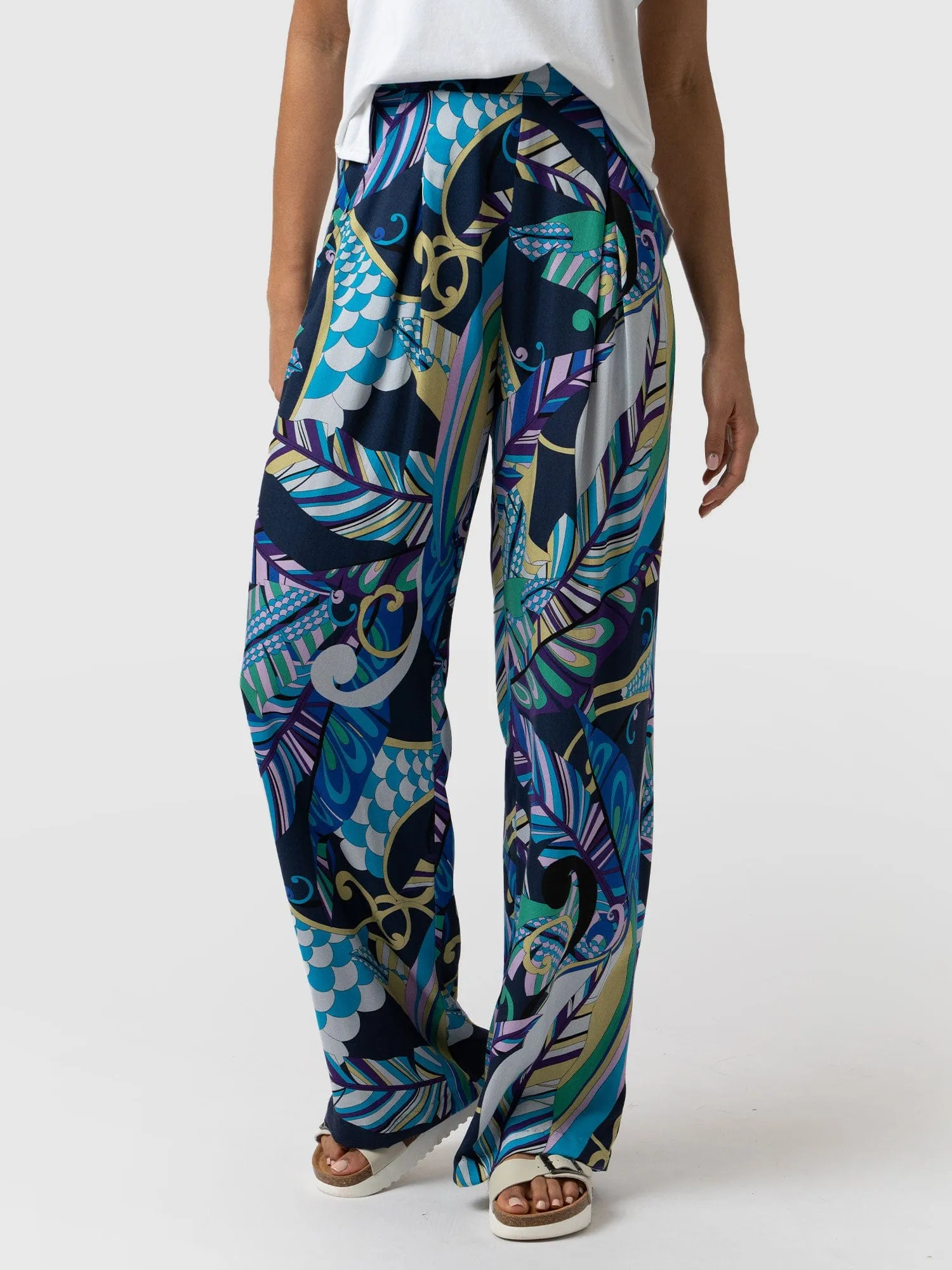 Rowan Wide Leg Pant - Blue Palm