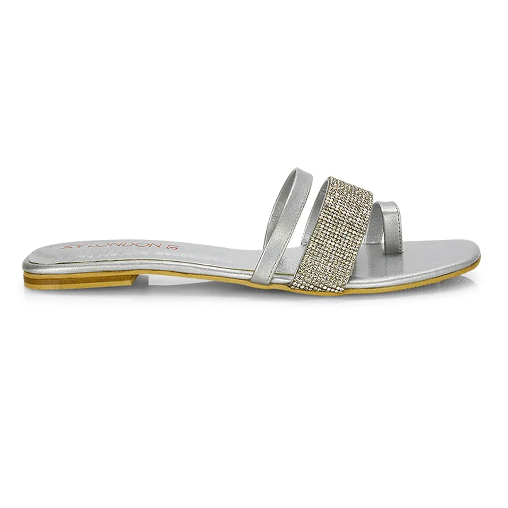 Sabrina Diamante Double Strap Slip on Flat Toe Post Sandals In Pink Patent
