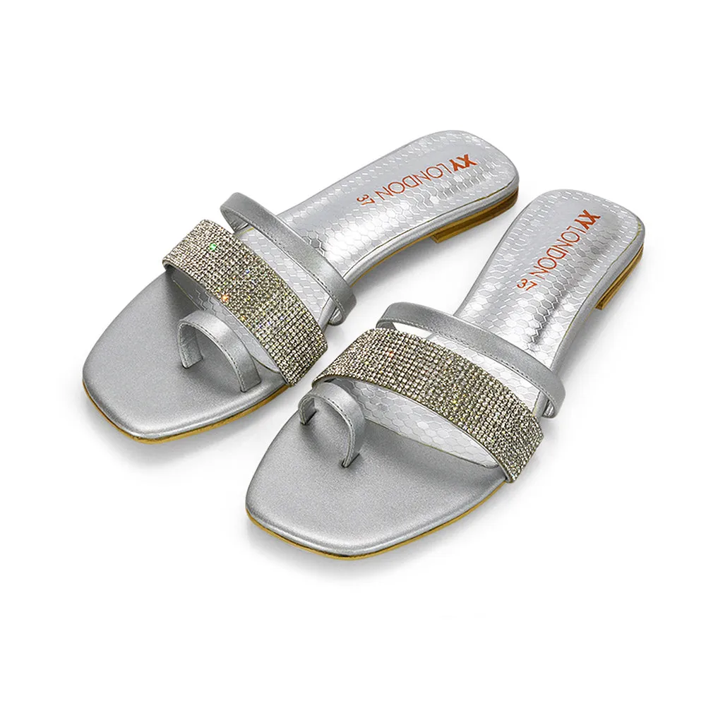 Sabrina Diamante Double Strap Slip on Flat Toe Post Sandals In Pink Patent