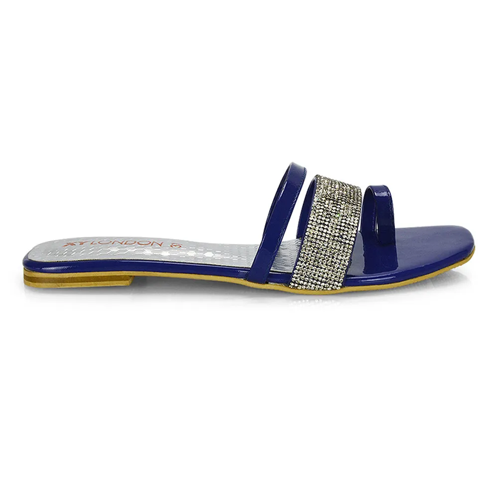 Sabrina Diamante Double Strap Slip on Flat Toe Post Sandals In Pink Patent