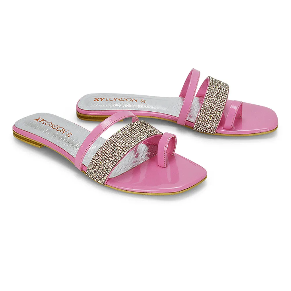 Sabrina Diamante Double Strap Slip on Flat Toe Post Sandals In Pink Patent