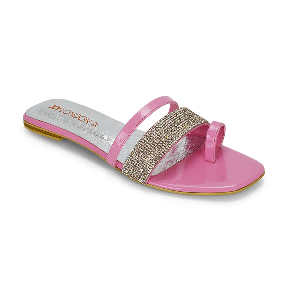 Sabrina Diamante Double Strap Slip on Flat Toe Post Sandals In Pink Patent