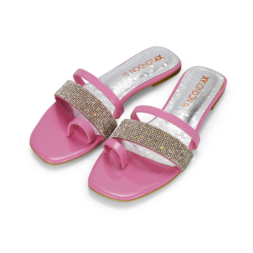 Sabrina Diamante Double Strap Slip on Flat Toe Post Sandals In Pink Patent