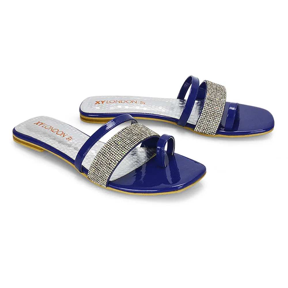 Sabrina Diamante Double Strap Slip on Flat Toe Post Sandals In Pink Patent