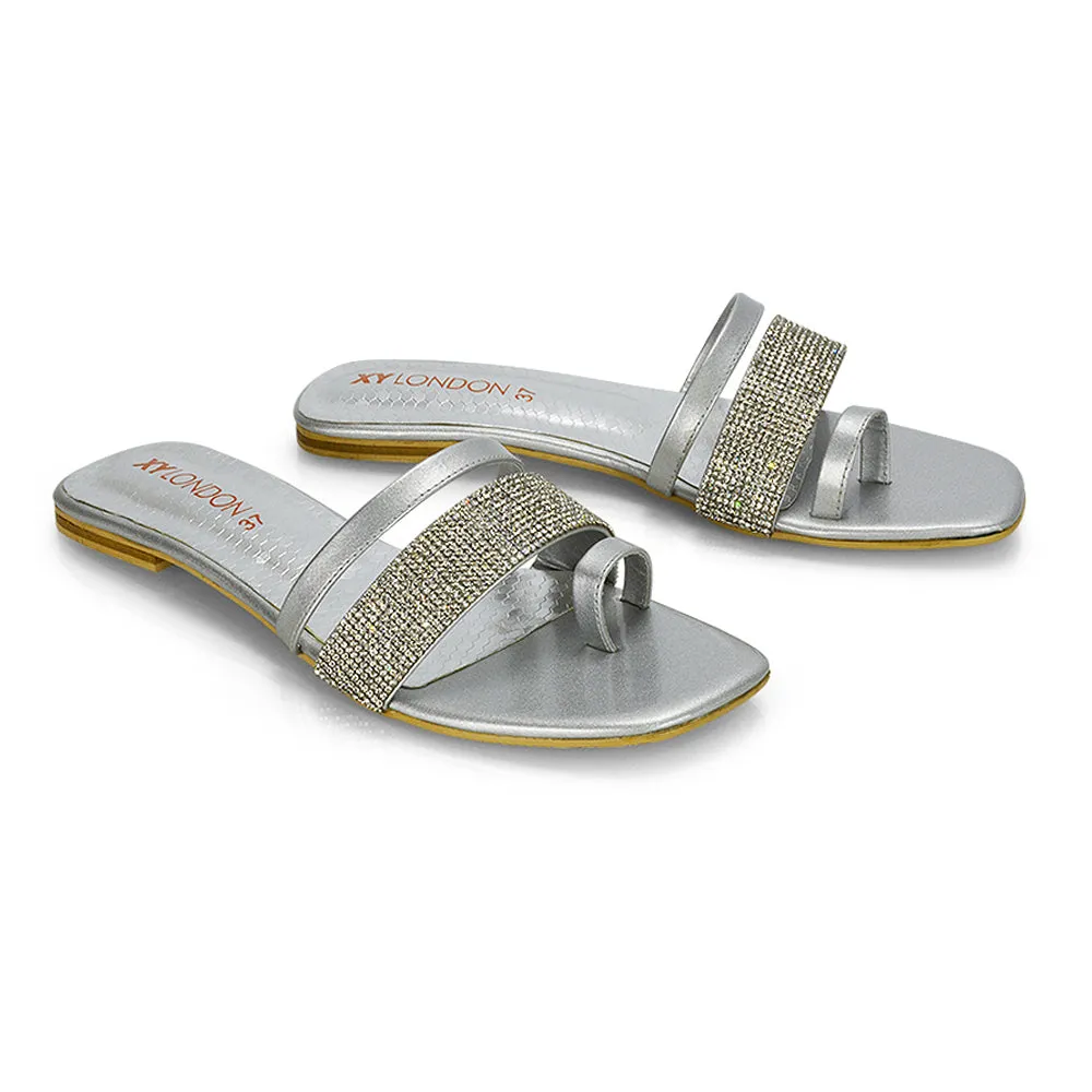 Sabrina Diamante Double Strap Slip on Flat Toe Post Sandals In Pink Patent