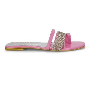 Sabrina Diamante Double Strap Slip on Flat Toe Post Sandals In Pink Patent