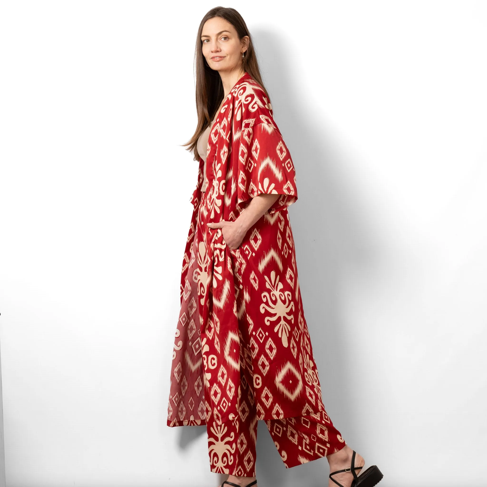 Serena Lightweight Long Kimono - Red, Ikat