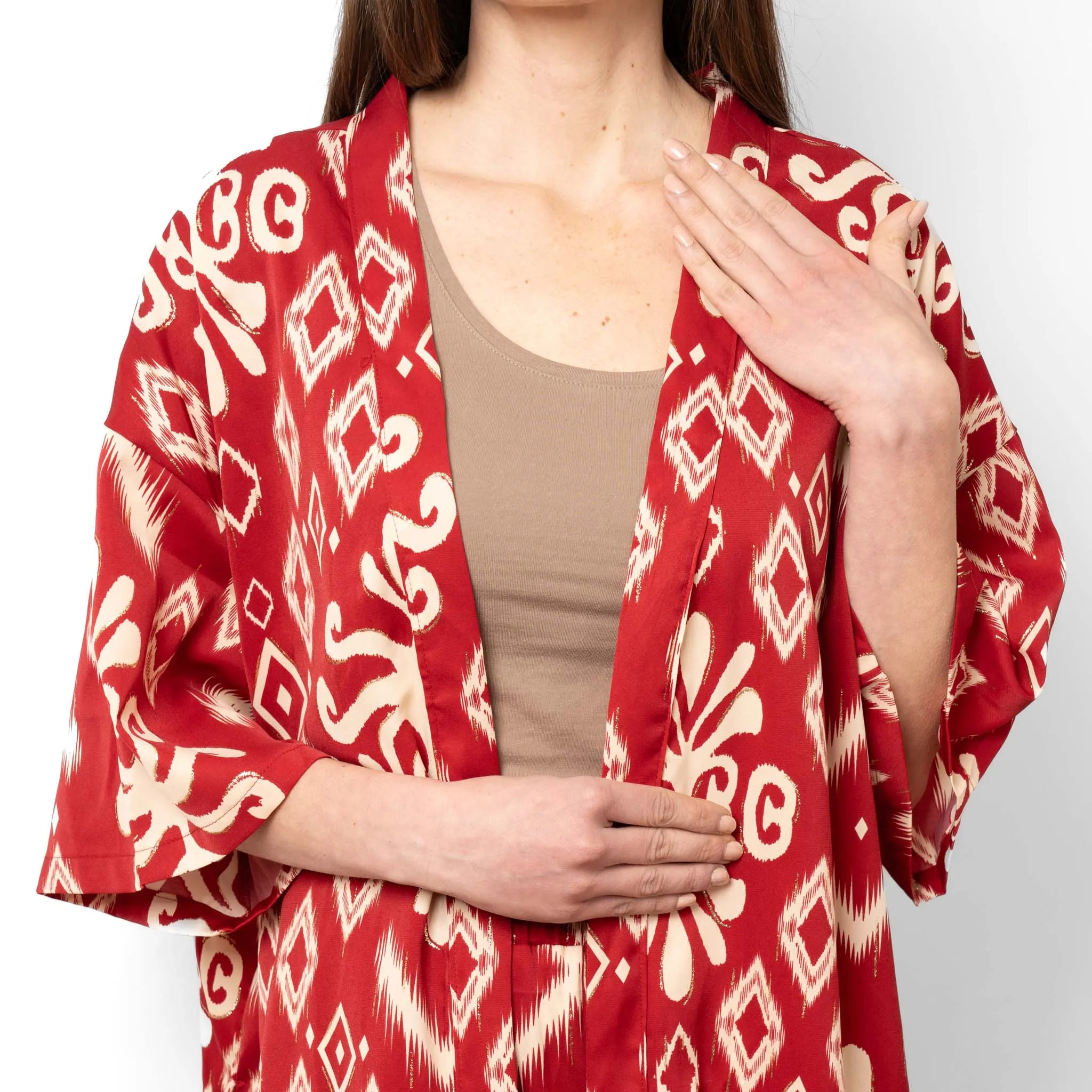 Serena Lightweight Long Kimono - Red, Ikat