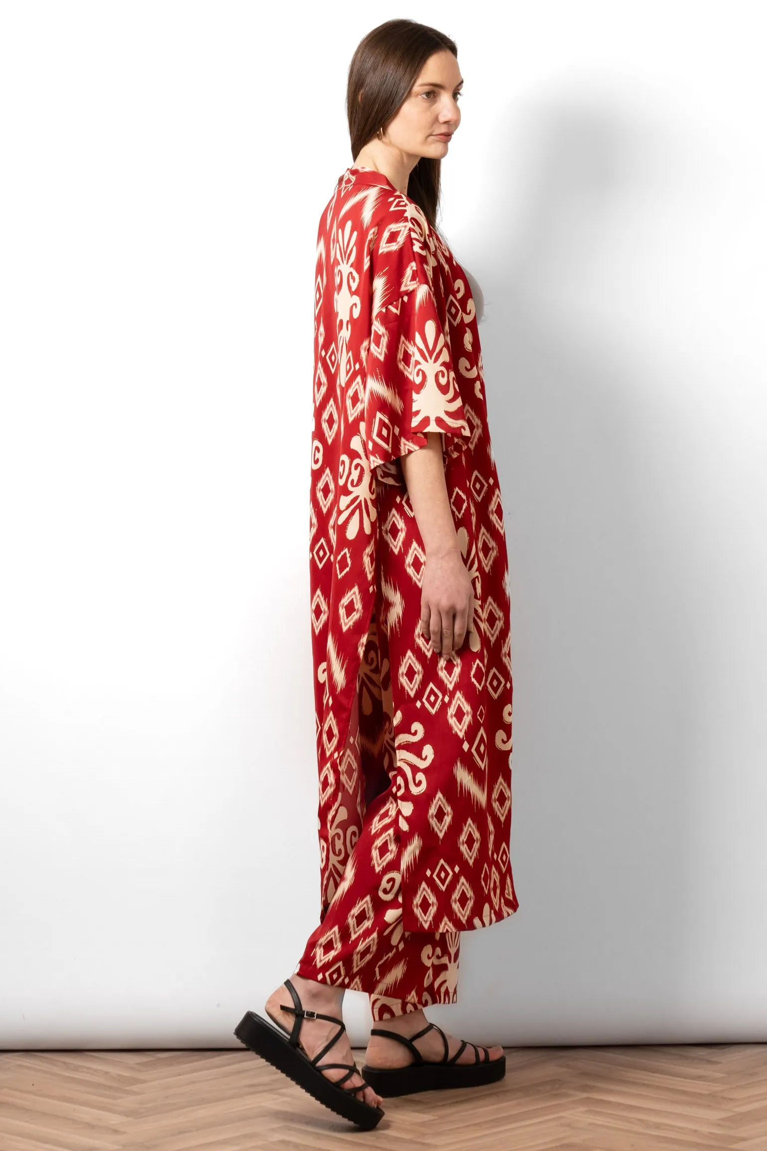Serena Lightweight Long Kimono - Red, Ikat