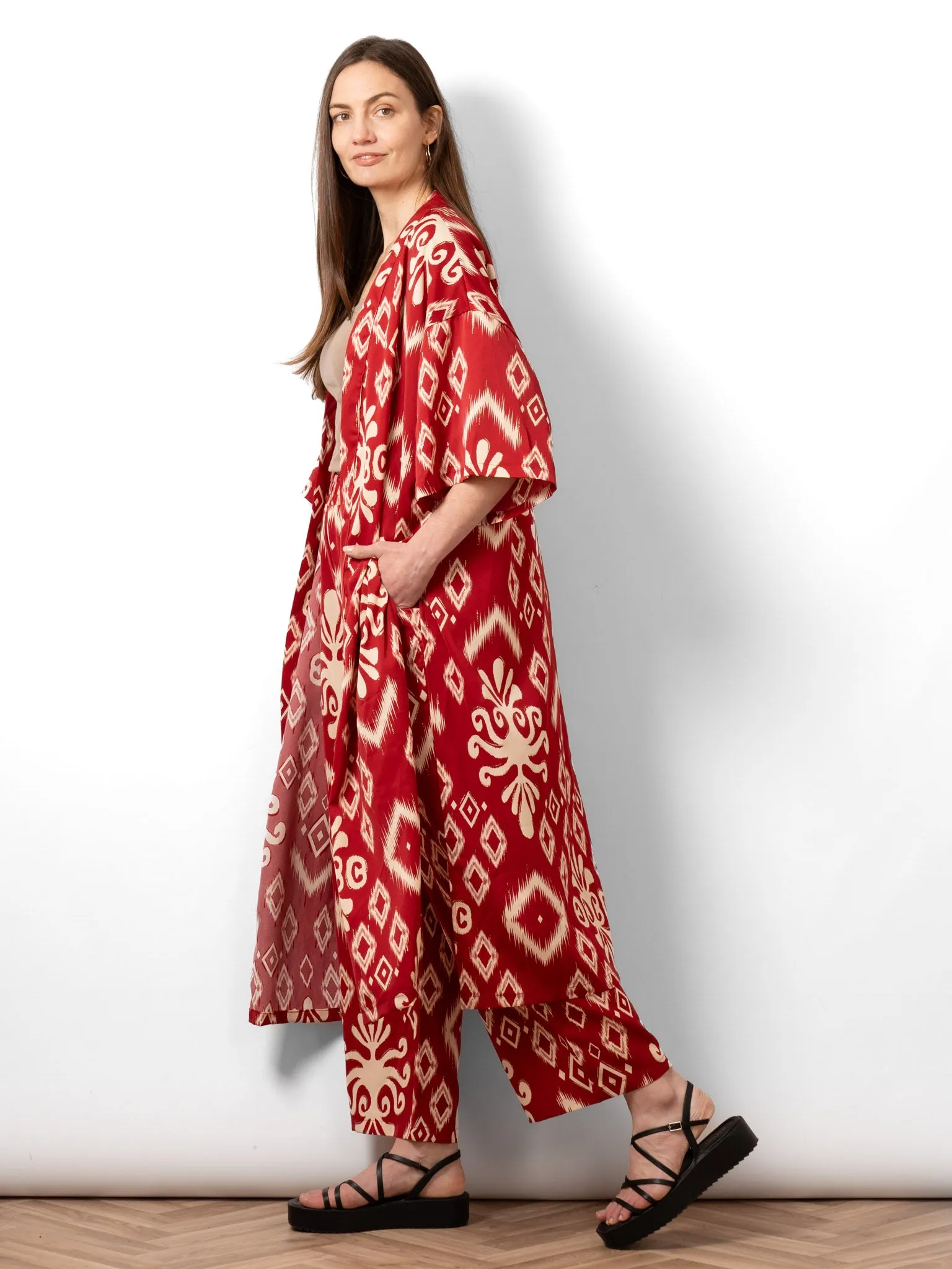 Serena Lightweight Long Kimono - Red, Ikat