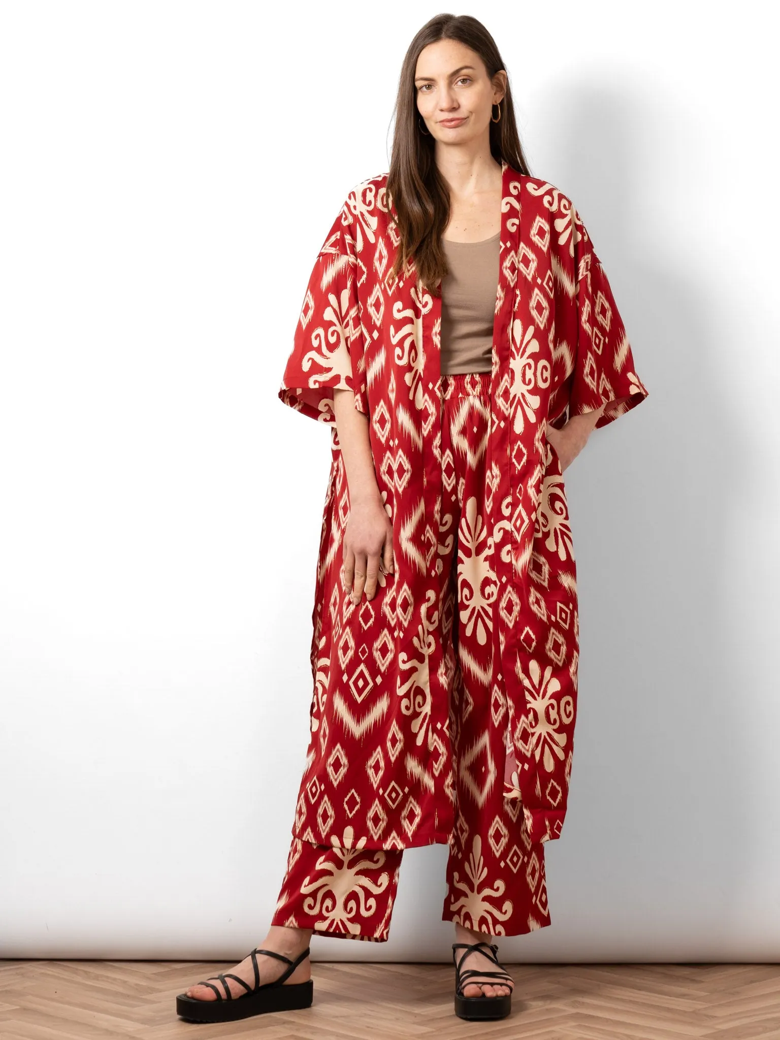 Serena Lightweight Long Kimono - Red, Ikat