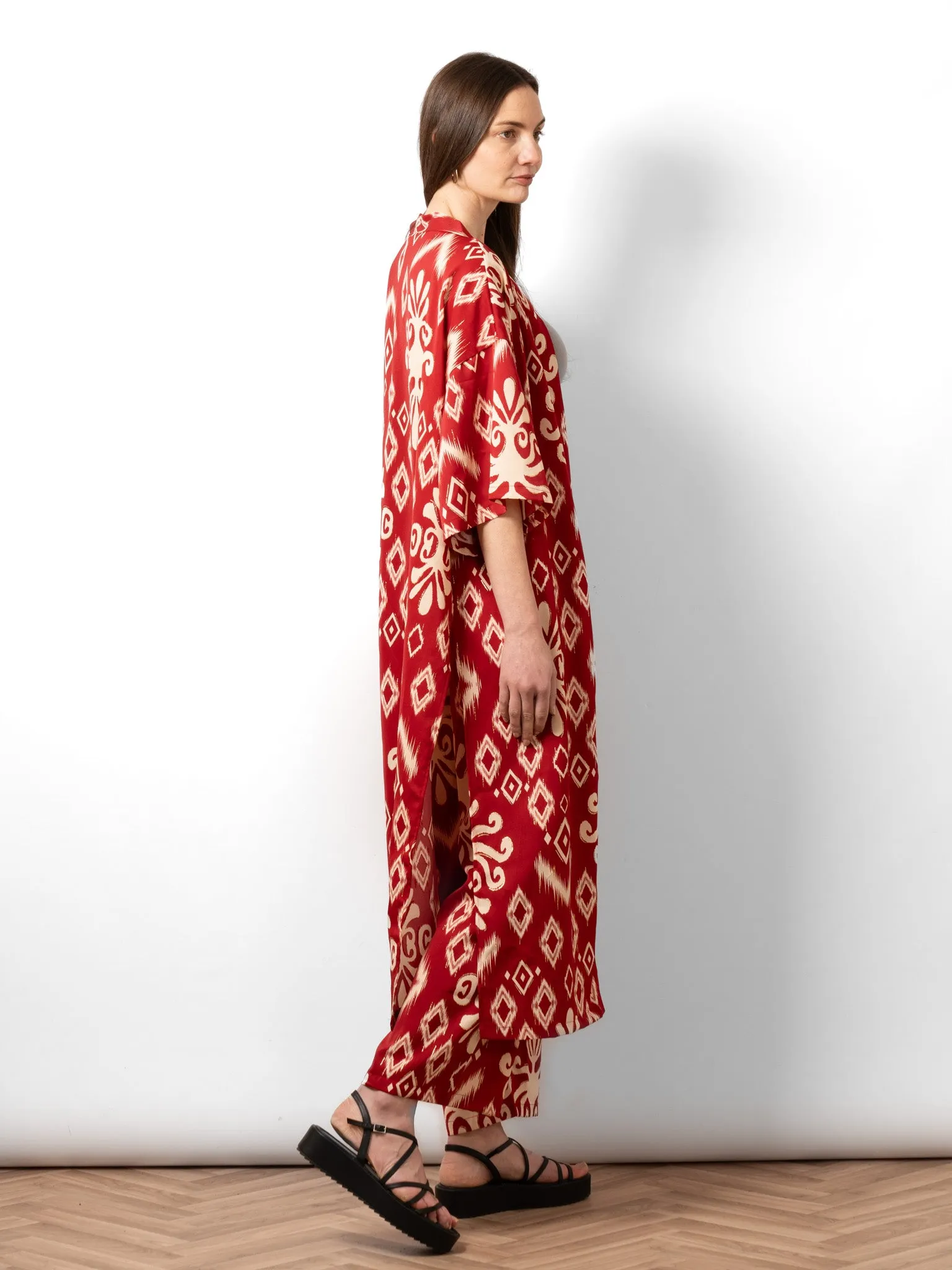 Serena Lightweight Long Kimono - Red, Ikat