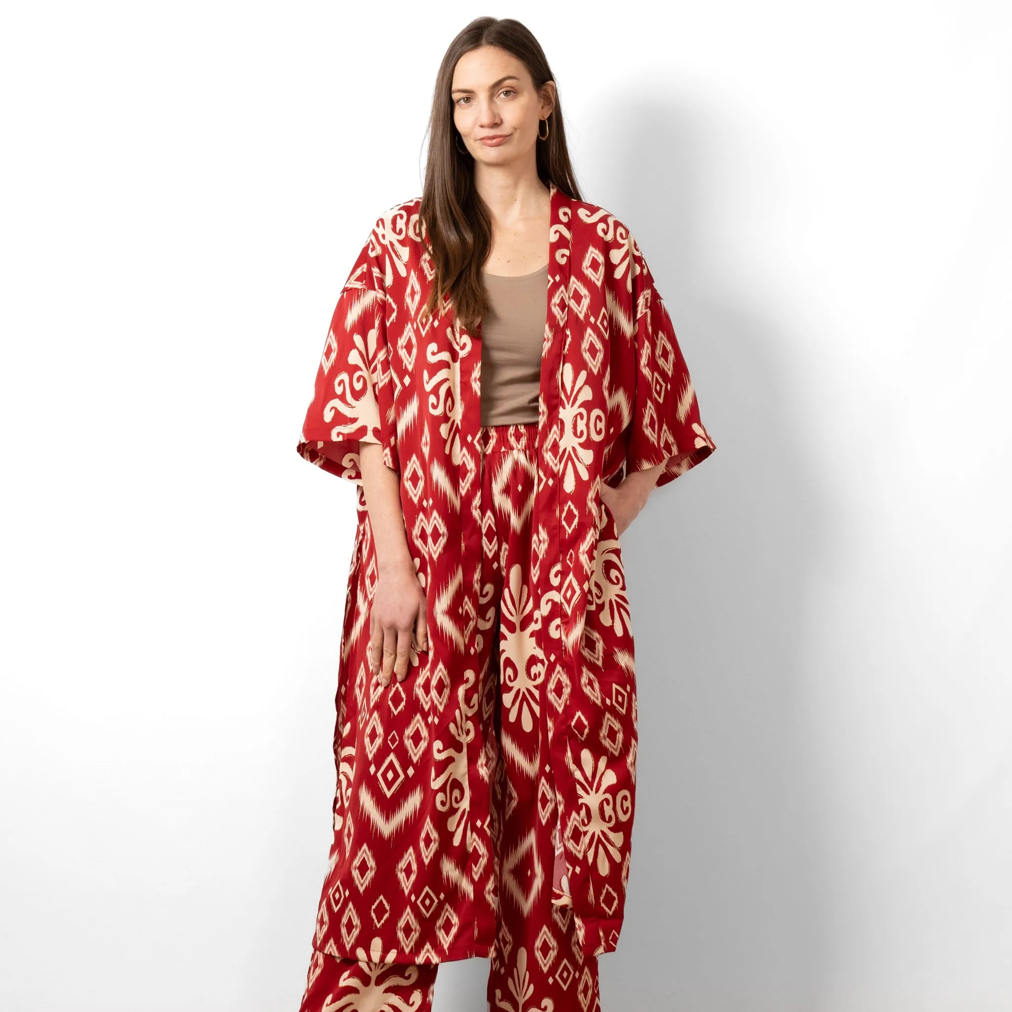 Serena Lightweight Long Kimono - Red, Ikat