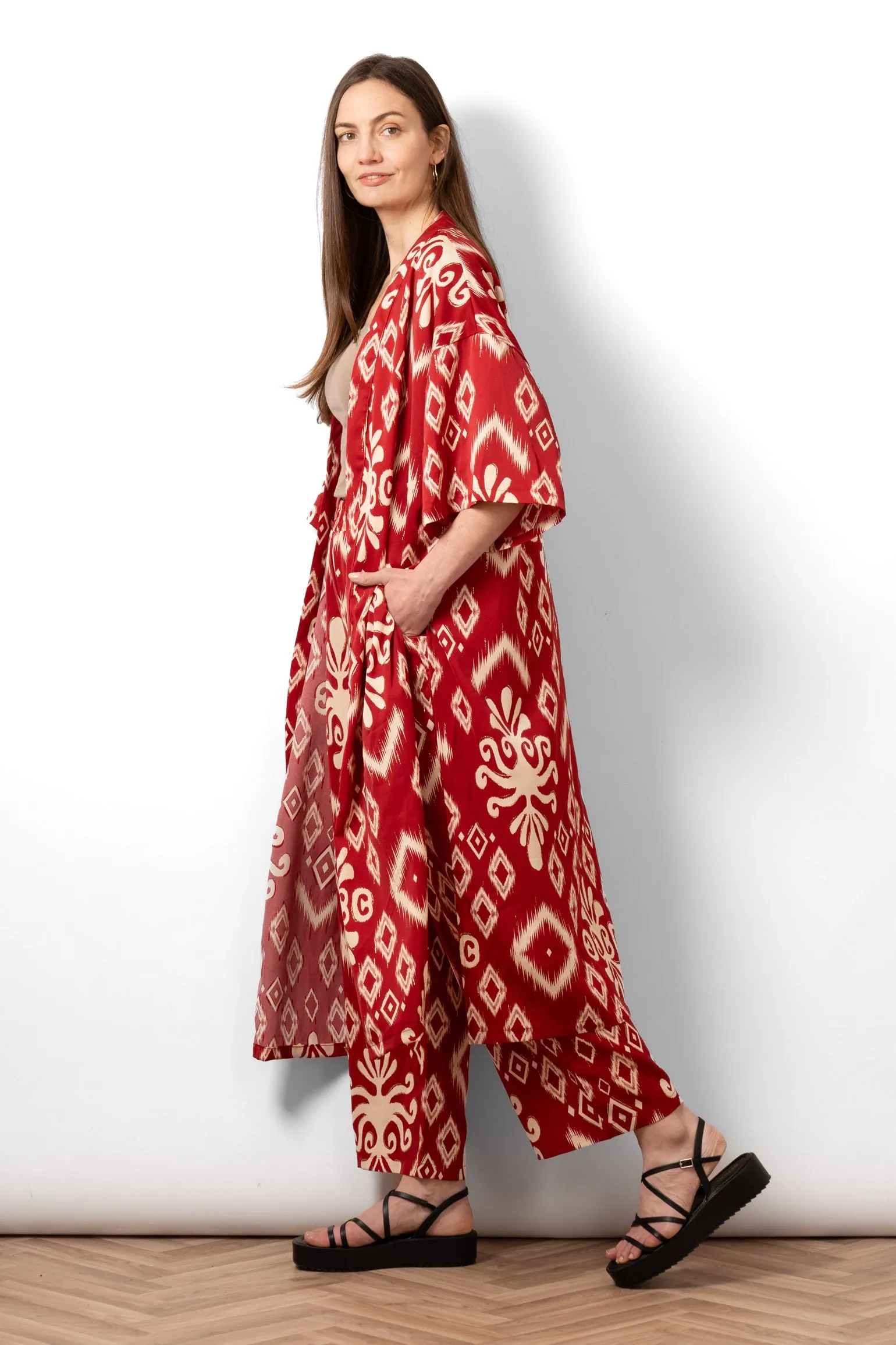 Serena Lightweight Long Kimono - Red, Ikat