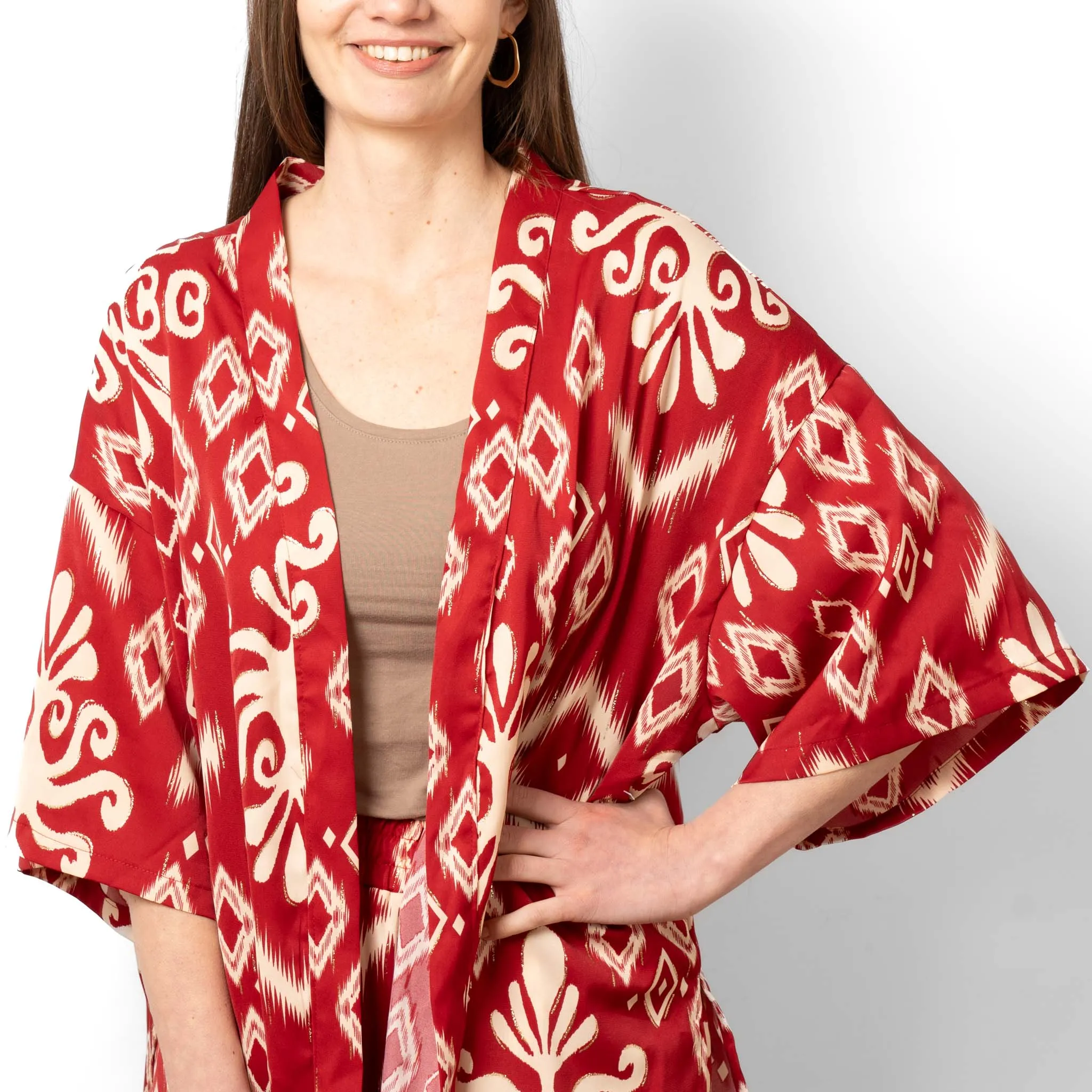 Serena Lightweight Long Kimono - Red, Ikat
