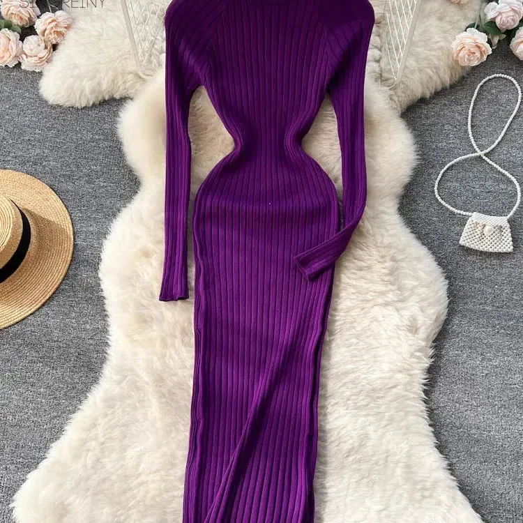 SINGREINY Winter Women Knit Maxi Dress O Neck Long Sleeve Elegance and Comfort for Autumn Fashion