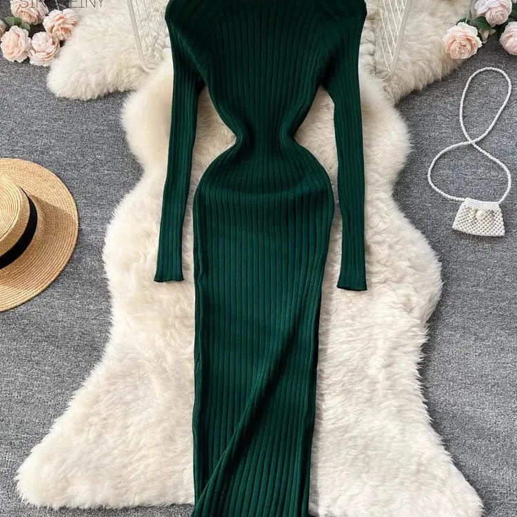 SINGREINY Winter Women Knit Maxi Dress O Neck Long Sleeve Elegance and Comfort for Autumn Fashion