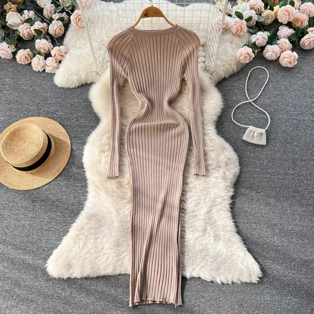 SINGREINY Winter Women Knit Maxi Dress O Neck Long Sleeve Elegance and Comfort for Autumn Fashion