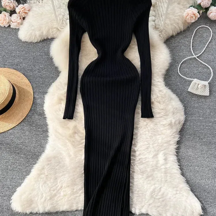 SINGREINY Winter Women Knit Maxi Dress O Neck Long Sleeve Elegance and Comfort for Autumn Fashion