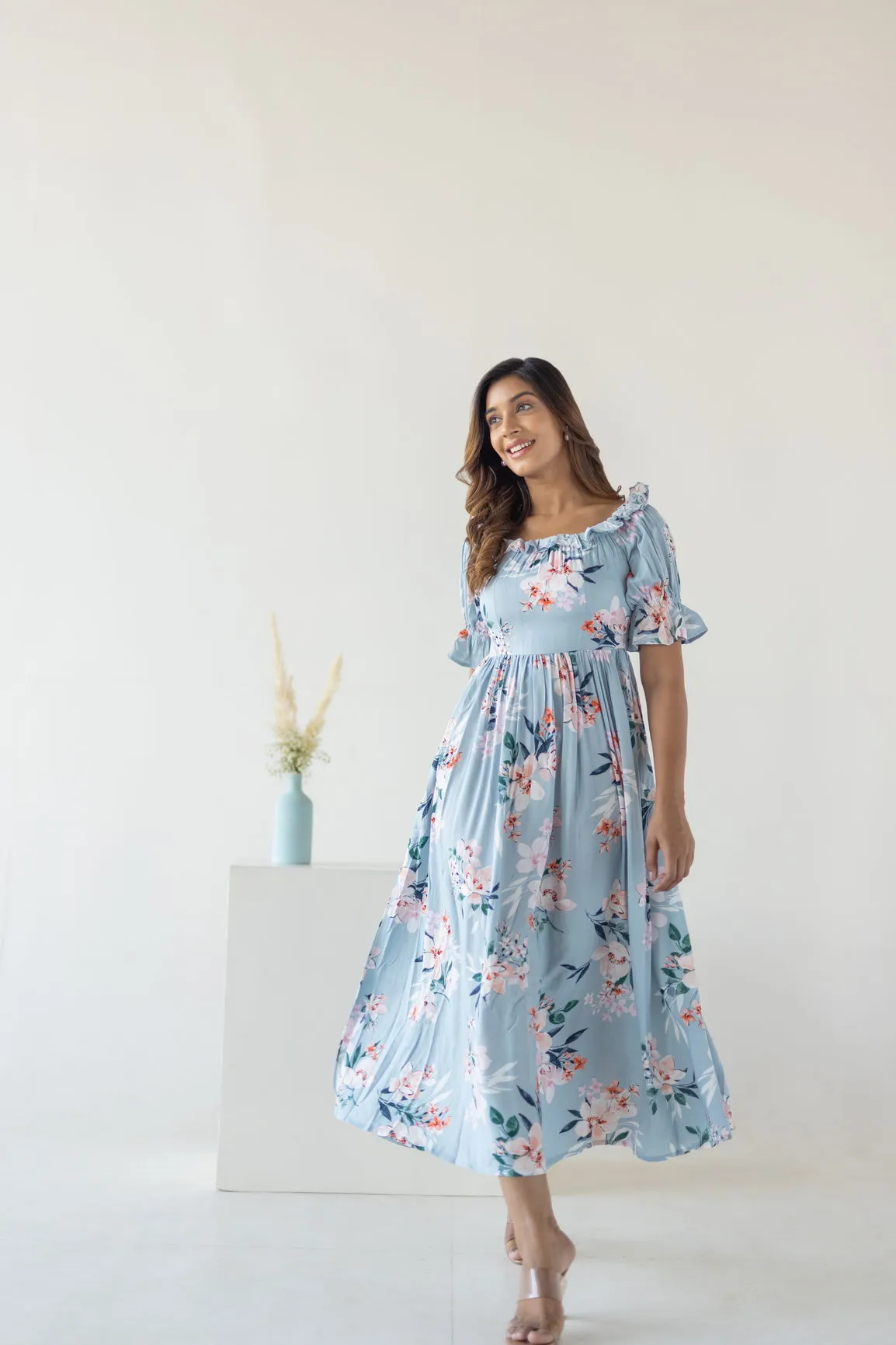SKY BLUE FLORAL COTTON MAXI