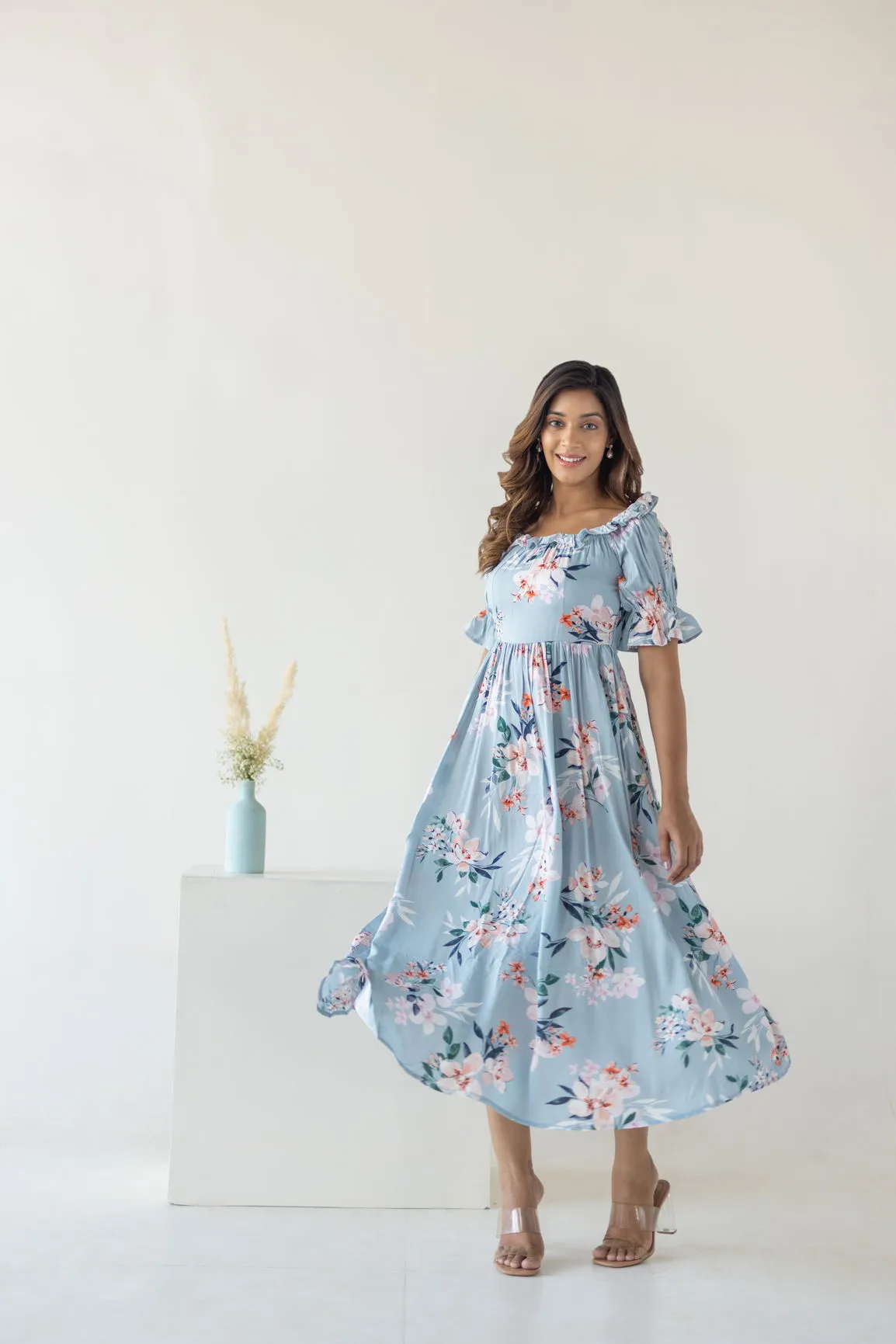 SKY BLUE FLORAL COTTON MAXI