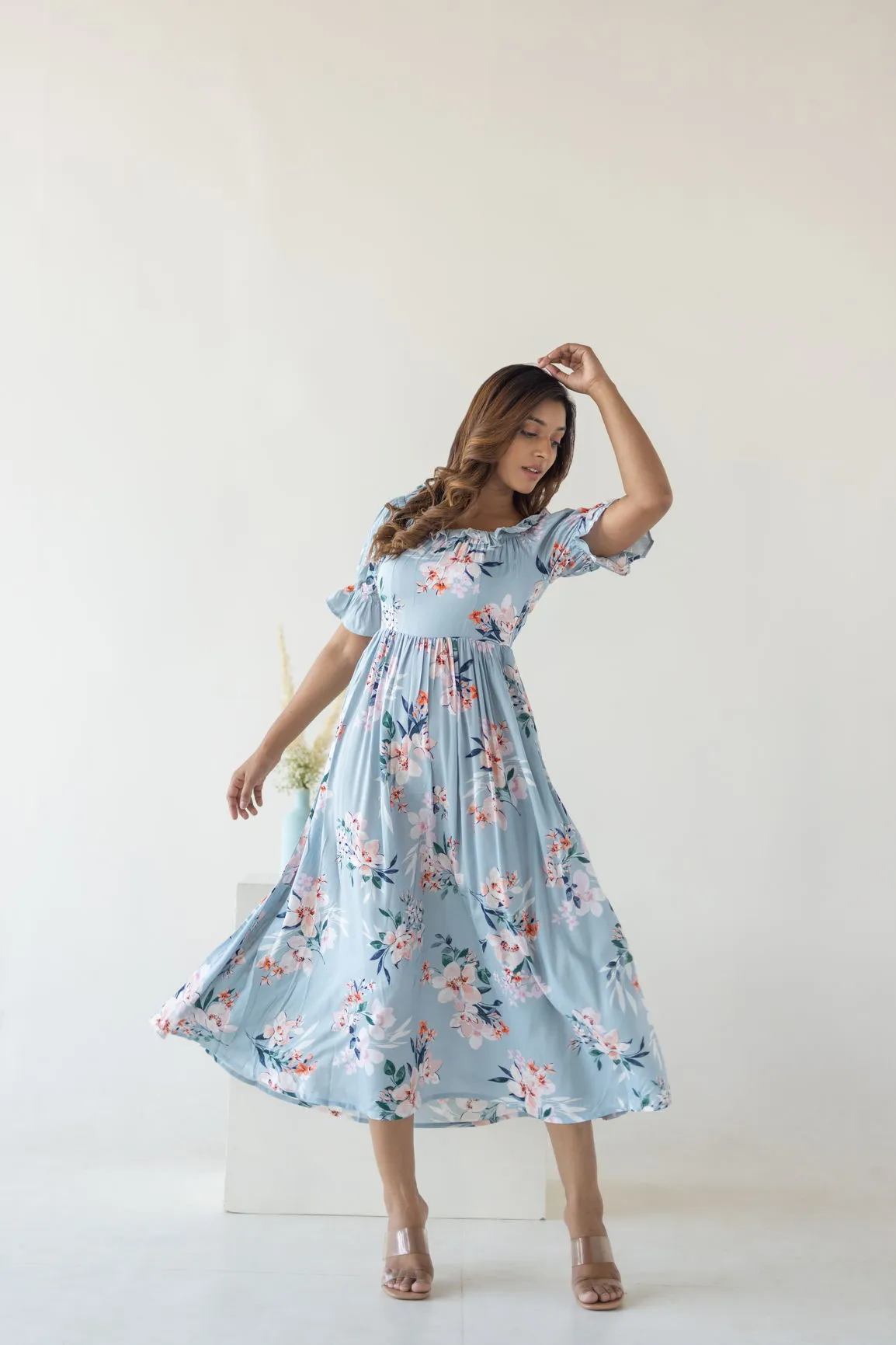 SKY BLUE FLORAL COTTON MAXI
